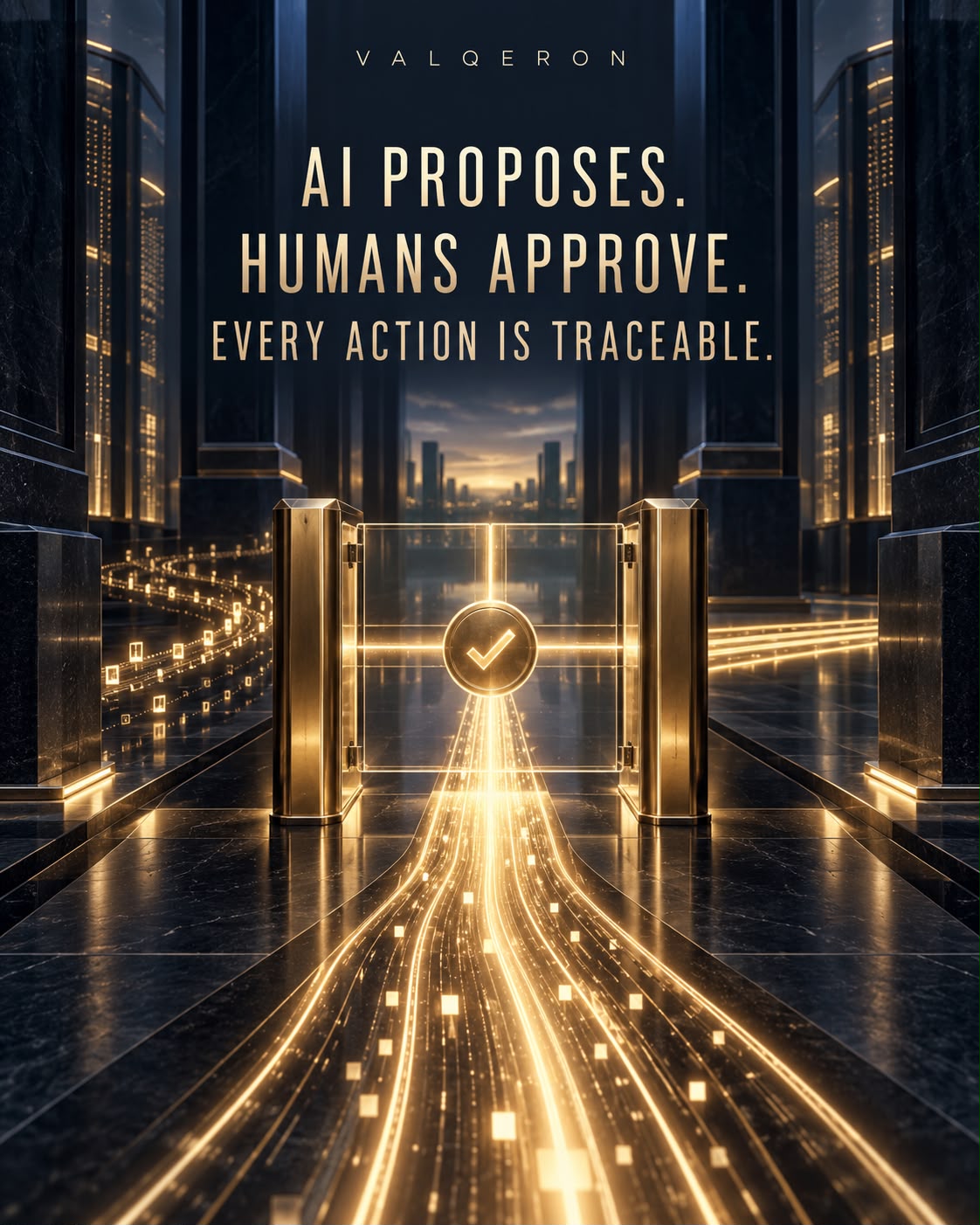 A threshold of gold light representing controlled AI approval